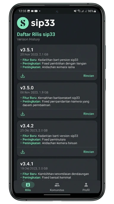 Riwayat versi sip33 untuk pengguna Android